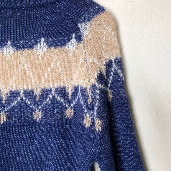 Mohair Knit Sweater XL Blue Beige Diamond Pattern Pullover Cozy Warm - Picture 12 of 14